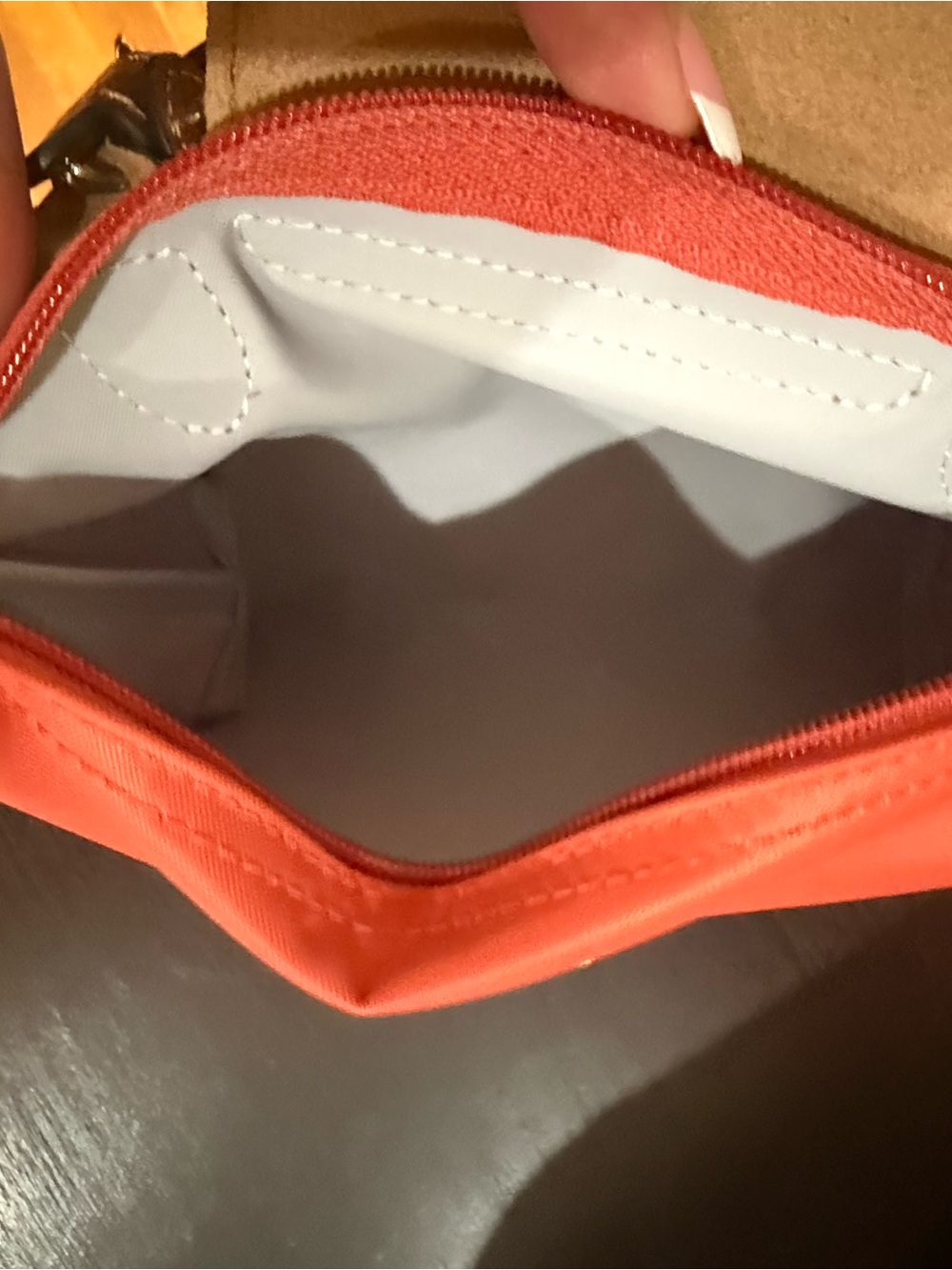Longchamp Le Pilage cosmetic case Red Orange Crossbody Tote with Brown Trim - Picture 4 of 5